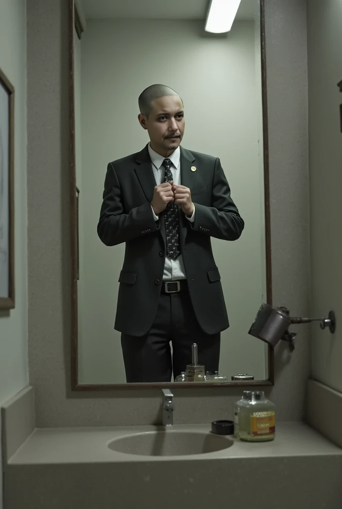 An alien wearing a suit and tie taking a selfie on the bathroom mirror 