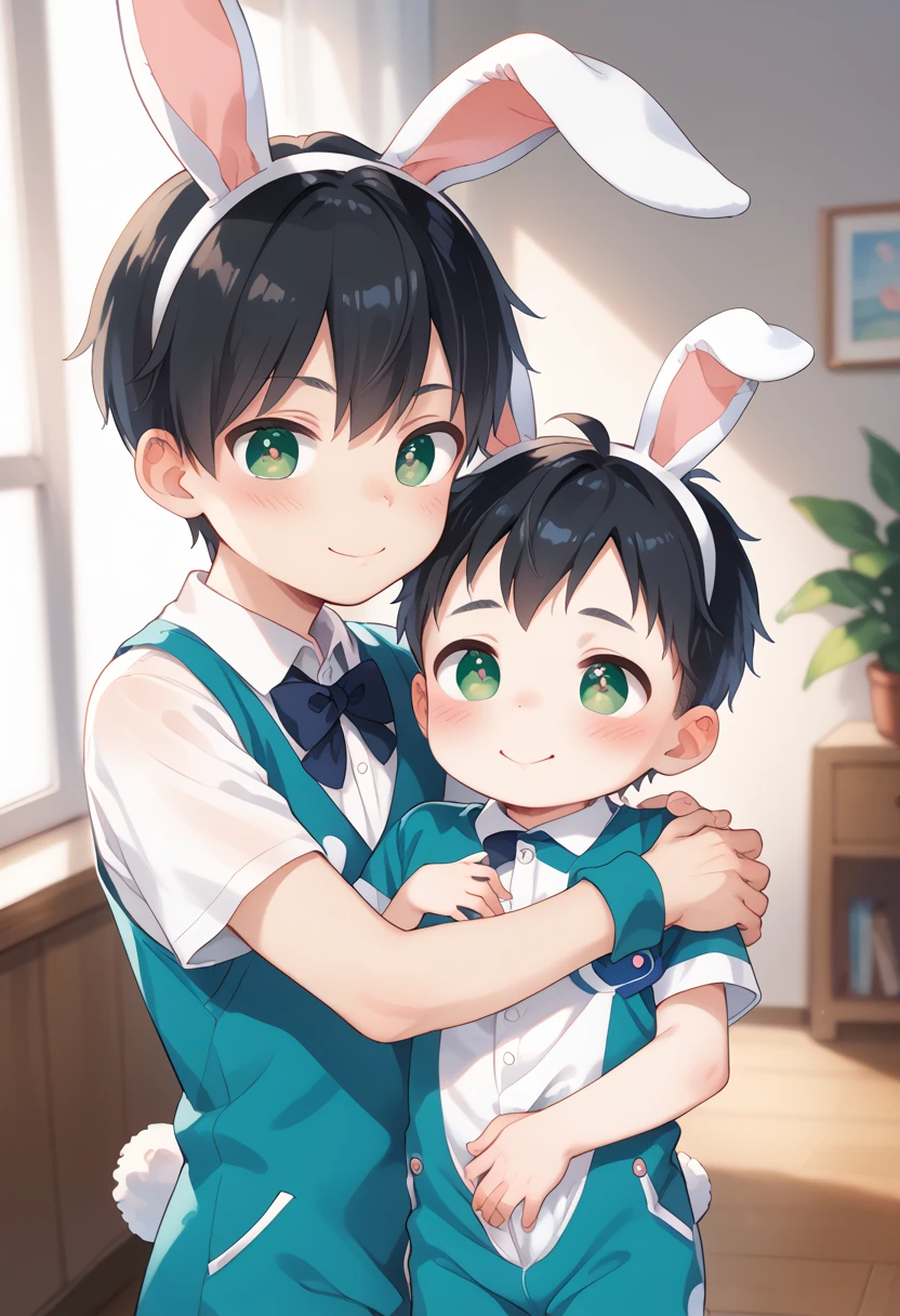 Comic style, comic anime cute boy, black hair, green eyes, slightly blushing, is a , baby clothes, bunnit pink, cute face, big eyes, anime drawing style, shota boy size,slim body, boy's body, gay, boys love it, man and boy, heart in pupil baby boy, small boy, aug holdingriend, baby bunny clothes 