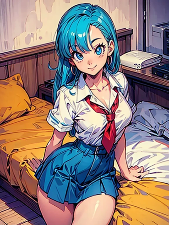 big ass,seductive smile,in the beds, school uniform , beautiful face,  detailed eyes, long,  medium breasts ,  thin waist ,  thin legs ,  perfect body , Bulma
