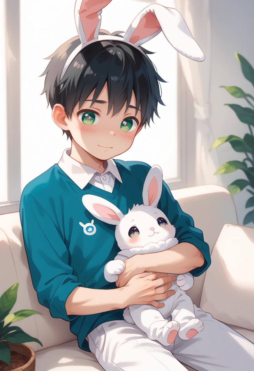 Comic style, comic anime cute boy, black hair, green eyes, slightly blushing, is a primary school boy, baby clothes, bunny suit pink, cute face, big eyes, anime drawing style, shota boy size,slim body, boy's body, gay, boys love it, man and boy, heart in pupil baby boy, small boy, arm hug holding boyfriend, baby bunny clothes 