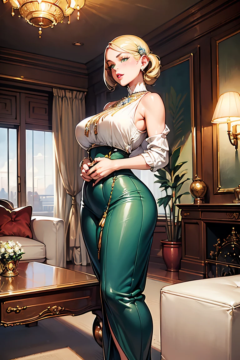 A beautiful classic 1920s woman with a perfect curvy body, (full shot:1.5), (front view:1.5), full body, detailed face, detailed eyes, detailed lips, detailed chest, highest quality, masterpiece, listening to the radio in a 1920s living room, blonde hair in a classic 1920s hairstyle, green eyes, freckles, makeup, glossy lips, (fully clothed:1.2), (wearing classic 1920s casual clothing:1.3), (narrow shoulders:1.4), large breasts, full breasts, perky breasts, perfect breasts, (tiny waist:1.3), flat stomach, (large hips:1.5), (hips wider than shoulders:1.2), (large ass:1.3), long legs