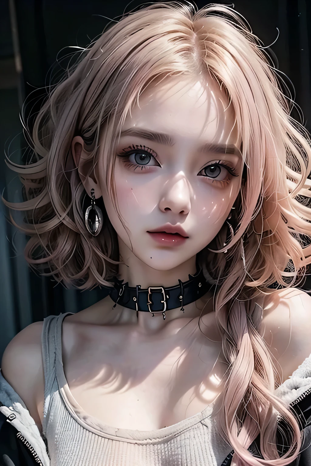 1 girl, masterpiece, ((Very Short Hair))、textured skin, Hi-Res, best quality, Light grey hair、((The tips of the hair are curly and light pink))、 choker、Earrings、Droopy eyes、gothic punk clothes