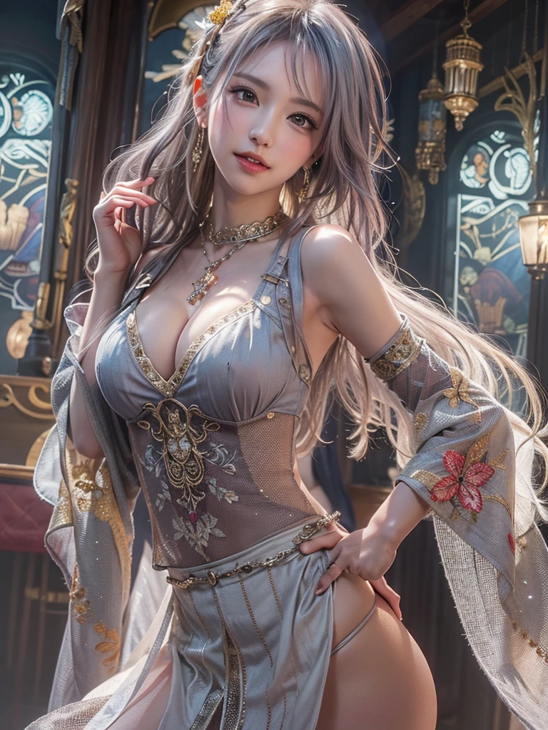 1girll,(enchanced quality:1.4),(Top quality true texture skin), Delicate face,Black hair, Gradient hair, Petite body,(perfect bodies:1.1), There are precious stones on the forehead, rimless eyewears, Sparkling pupils,long eyelasher,grin, hyper photorealism, Cinematic lighting, projected inset, surrealism, hyper HD, Masterpiece, 16k,Lie down,dream on,Wear transparent silk pajamas,Carmelto,Legs slightly open,Tattooed with,Fantasy space,Luxurious space