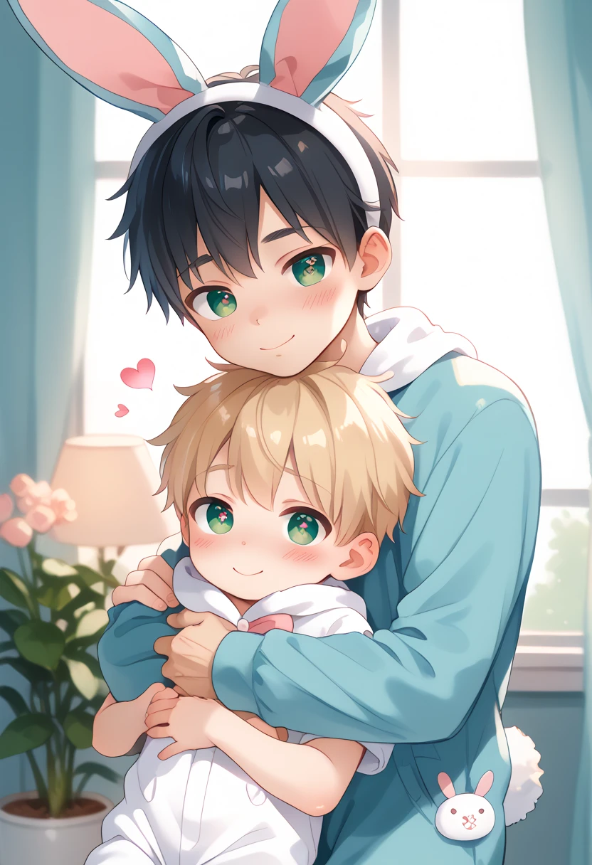 Comic style, comic anime cute boy, black hair, green eyes, slightly blushing, is a , baby clothes, bunnit pink, cute face, big eyes, anime drawing style, shota boy size,slim body, boy's body, gay, boys love it, man and boy, heart in pupil baby boy, small boy, Hrom Behin,ing boyfriend blonde 