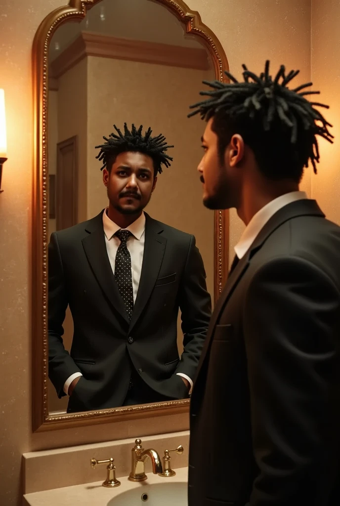 a handsome black man wearing a suit and tie taking a selfie in the bathroom mirror, highly detailed, realistic, 8k, cinematic lighting, chiaroscuro, dramatic shadows, warm color tones, perfect composition, photorealistic, ultra-detailed, (best quality,4k,8k,highres,masterpiece:1.2),ultra-detailed,(realistic,photorealistic,photo-realistic:1.37), sharp focus, studio lighting, physically-based rendering, vivid colors, elegant, fashionable, confident, charismatic, moody, atmospheric