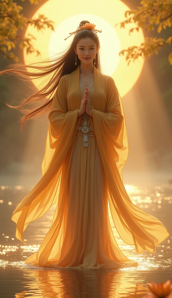 A graceful and divine image of the Goddess Guanyin standing or seated on a blooming lotus, holding a vase of holy water in one hand and bestowing blessings with the other. The Goddess is surrounded by a soft, glowing light with a calm ocean and gentle waves in the background. The image should evoke a sense of compassion, peace, and protection.