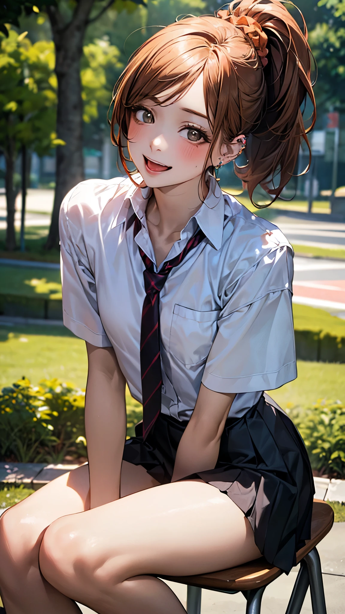 bokeh,1girl,cute face,blue necktie, collared shirt,white long sleeves, blue skirt, brown hair, twintails,braids, socks, shoes,sexy pose,pantie,Exquisite Face,rffc01, HDR 16K, (Realistic, hyperrealistic:1.4), good anatomy, volumetric light