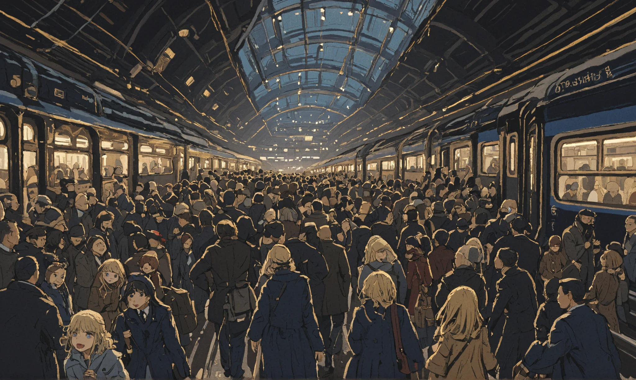 (very crowdy station:1.6),(Overcrowded crowds:1.2),people at (New Year’s eve) (London station:1.3),solo,1girl\(cute, kawaii,small ,blonde hair with red dip-dye hair,long hair,blue eyes,big eyes,caucasoid,waiting for train,head phone,JK,beautiful new year dress,(looking away:1.2),boring\). BREAK .background\((train),(trainstation:1.3) in the future,\),long shot,wide shot,from side. BREAK .quality\(8k,wallpaper of extremely detailed CG unit, high resolution, top-quality, top-quality real texture skin, hyper realistic, increase the resolution, RAW photos, best quality, highly detailed, the wallpaper, golden ratio, high saturation realism, vibrant colors, dramatic lighting, persuasive storytelling, atmospheric scenery, captivating visuals, intricate details, strong emotions, dreamlike world\),(landscape),focus on the train,from above