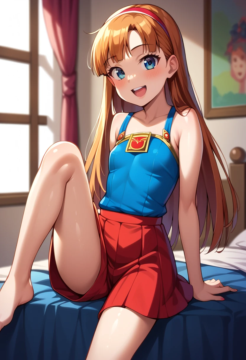 (( best quality)), ((masterpiece)), (be familiar with),  perfect face, indoor, bedroom,  viewer,
One woman,  Yukiko Aikina,
 open mouth,  ecstatic expression with hands in front of body, blush, smile,
Small breasts,  flat chested, Young girl, Lori,  kids,  girl,
 long hair,  Long Hair,
Leg spread,