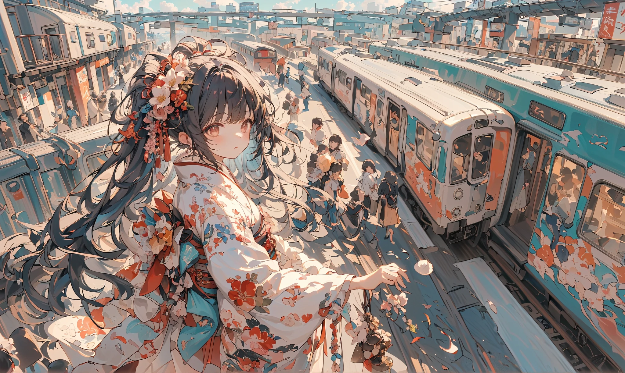 (very crowdy station:1.6),(Overcrowded crowds:1.3),people wearing kimono for (New Year's Celebration:1.3),1girl\(cute, kawaii,small ,black hair with blue dip-dye hair,pony tail hair,long hair,brown eyes,big eyes,waiting for train,head phone,JK,beautiful kimono,(looking away:1.2),boring,full body\). BREAK .background\((train),(trainstation:1.3) in the future japan,\),long shot,wide shot,from side. BREAK .quality\(8k,wallpaper of extremely detailed CG unit, high resolution, top-quality, top-quality real texture skin, hyper realistic, increase the resolution, RAW photos, best quality, highly detailed, the wallpaper, golden ratio, high saturation realism, vibrant colors, dramatic lighting, persuasive storytelling, atmospheric scenery, captivating visuals, intricate details, strong emotions, dreamlike world\),landscape,focus on the crowd,from above,(fisheye lens:1.2)