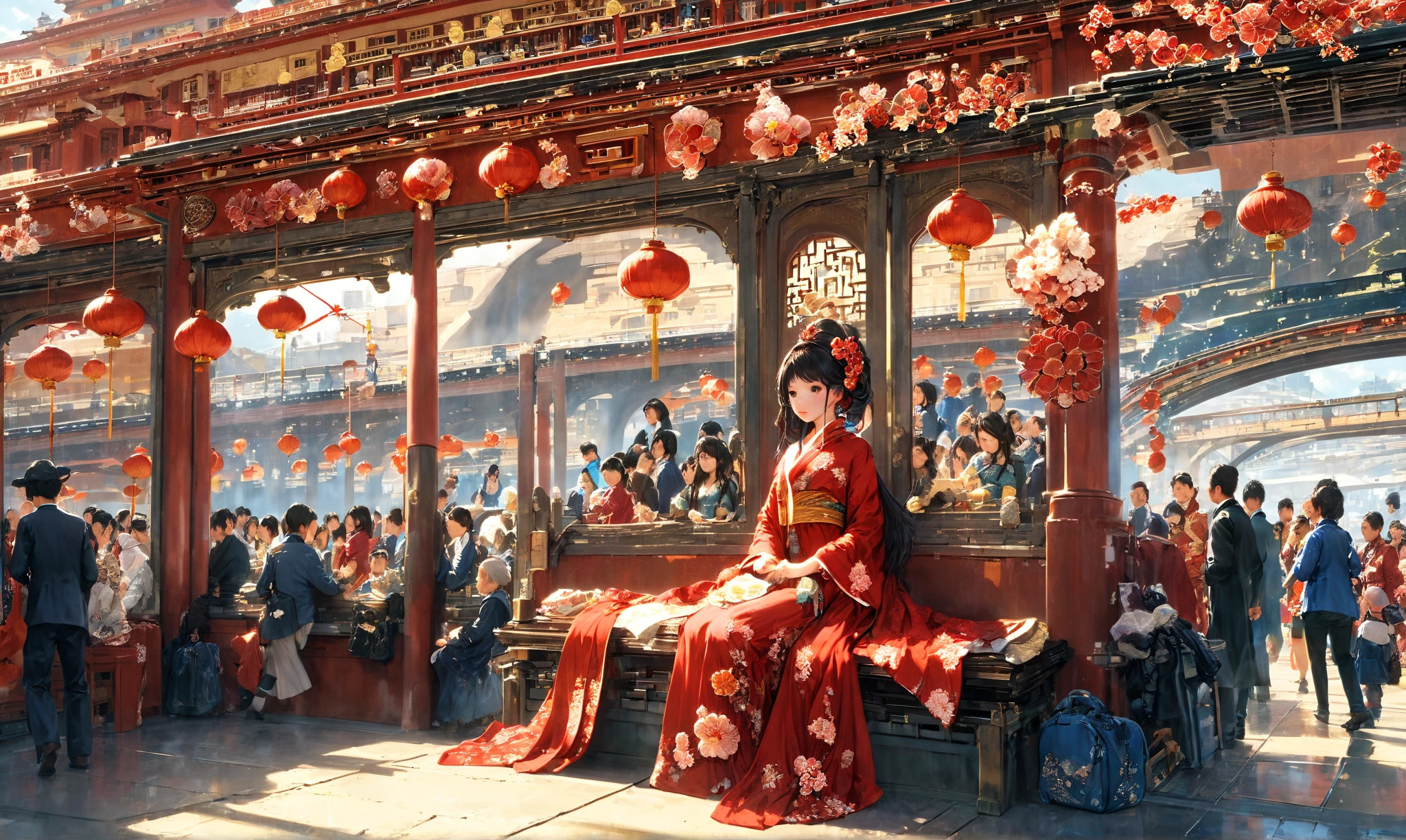 (very crowdy station:1.6),(Overcrowded crowds),(people wearing red dress for chinese New Year's Celebration),solo,1girl\(cute, kawaii,small ,black hair with blue dip-dye hair,pony tail hair,long hair,brown eyes,big eyes,sitting on a bench,waiting for train,head phone,JK,beautiful chinese red dress,cheongsam,looking away,boring\). BREAK .background\((train:1.2),(trainstation:1.3) in the future,china\),long shot,wide shot,from side. BREAK .quality\(8k,wallpaper of extremely detailed CG unit, high resolution, top-quality, top-quality real texture skin, hyper realistic, increase the resolution, RAW photos, best quality, highly detailed, the wallpaper, golden ratio, high saturation realism, vibrant colors, dramatic lighting, persuasive storytelling, atmospheric scenery, captivating visuals, intricate details, strong emotions, dreamlike world\),landscape,focus on the train,from above