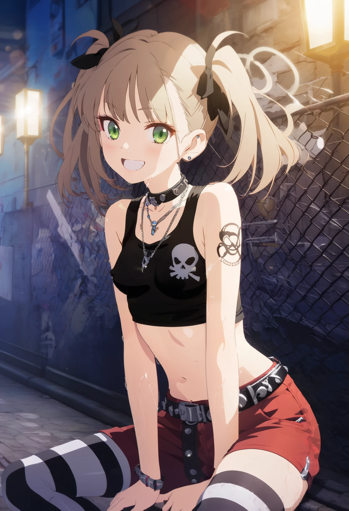 (kinako_(shiratama mochi) style), small breasts, nsfw, shiny skin, 1 girl, erect nipples, sitting on concrete fence, wall graffiti, intricately detailed, black tank top, night, street lamp, navel, bare shoulders, necklace, striped leggings, smiling, edgy, green eyes, extremely detailed, (Lens flare, Particles of light, Shine), best quality, vibrant, light brown hair, smug, head tilt to side, tattoo, (1girl), extreme detailed, bukkake, colorful, highest detailed, unity 8k wallpaper, ultra detailed, punk, beautiful and aesthetic, beautiful, masterpiece, photorealistic, octane render, 8 k, unreal engine., twintails, red shorts, oversized belt, long belt, skull necklace, black ribbon, black choker, thighs, sweaty, smiling, open mouth, looking at side. sitting, short hair
