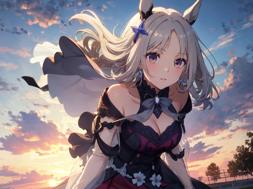 Solo, Single Female, (Horse Ears, Earrings), (Silver Hair), (Anime Face), (Hair Accessories), ((Pure Black See-Through Wedding Dress)), (Sunset Sky, Sunset), Evening Sky), (Focus on Chest, Oblique Upward Angle), (High Resolution, Masterpiece, Accurate, Anatomically Correct, Multiple Award Winning, Top Quality, Detailed, High Quality Model, High Quality, Retina, Highly Detailed), Textured Skin, Ultra High Resolution)
