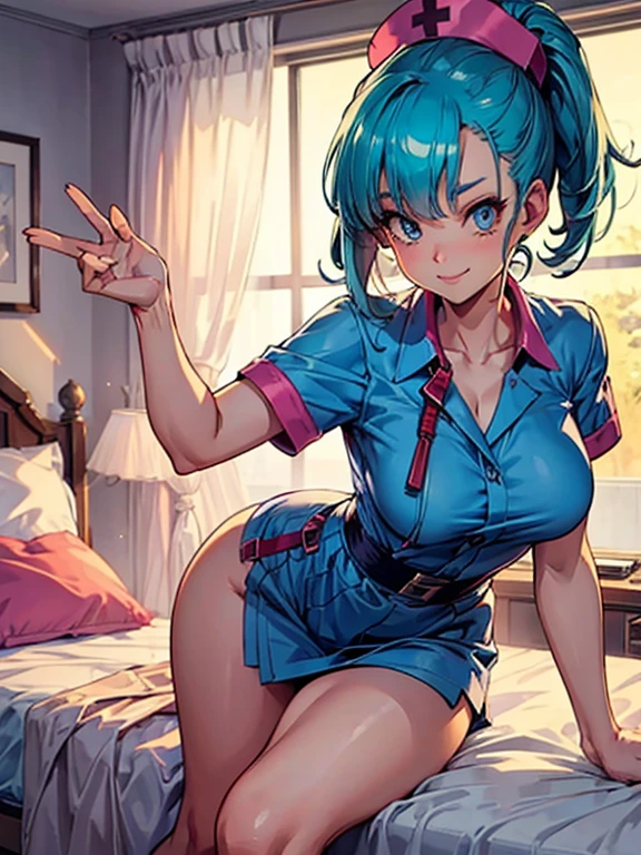 big ass,seductive smile,in the beds, nurse uniform  , beautiful face,  detailed eyes, long,  medium breasts ,  thin waist ,  thin legs ,  perfect body , Bulma
