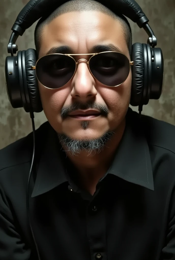  Rude realistic-looking alien , no nose,  with sunglasses and announcer headphones and a black shirt,  in front of a creepy radio booth , ready to broadcast 