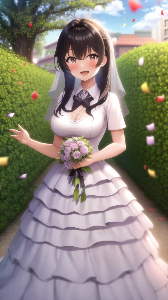 masterpiece, best quality, high quality, girl, solo, looking at viewer, ryuuto_kashima, black hair, brown eyes, large breasts, wedding Dress, standing, garden, confetti, holding bouquet, smile, open mouth,