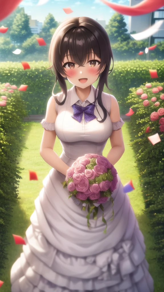 masterpiece, best quality, high quality, girl, solo, looking at viewer, ryuuto_kashima, black hair, brown eyes, large breasts, wedding Dress, standing, garden, confetti, holding bouquet, smile, open mouth,