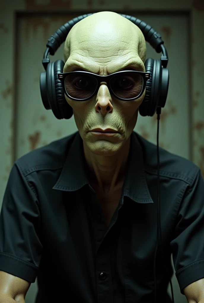  Rude realistic-looking alien , no nose,  with sunglasses and announcer headphones and a black shirt,  in front of a creepy radio booth , ready to broadcast 