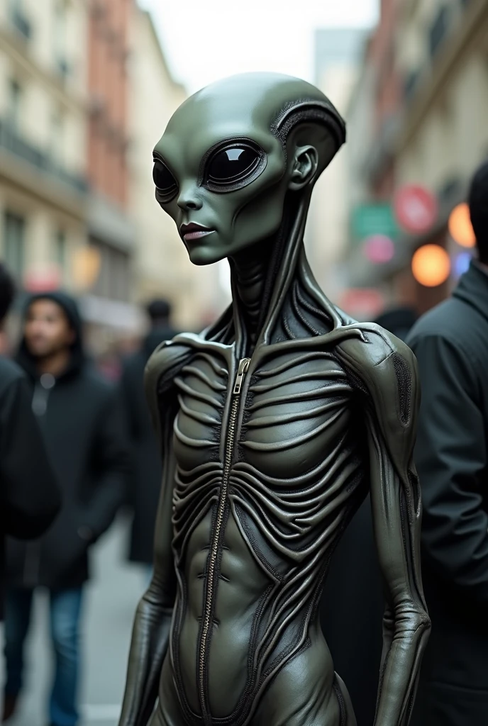  an alien disguised as a human ,  wearing their skin like clothing , Are among us ,  looks like a man but is a hyper-detailed alien,  realistic aliens ,  perfect human with a zip closure disguise 