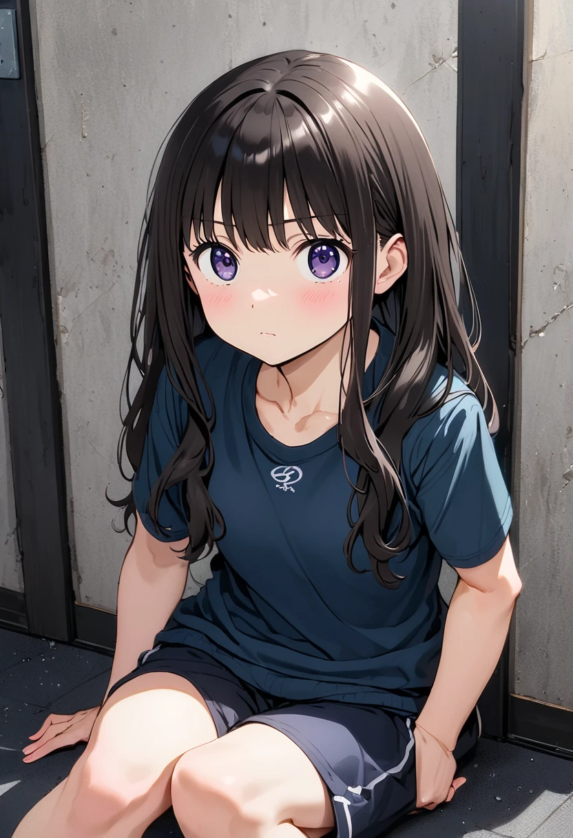 looking up, Shooting from above、Cleavage、Upper Body, Realistic, real person, (pale skin: 1.2), RAW photo, photorealistic, shiny skin, shiny hair、(A 25-year-old woman with straight hair and bangs) and (medium hair) and (black hair) and (purple eyes) , (white) and (T-Shirts) 、(evil grin:1.2), The background is the living room、Alone、Are standing、