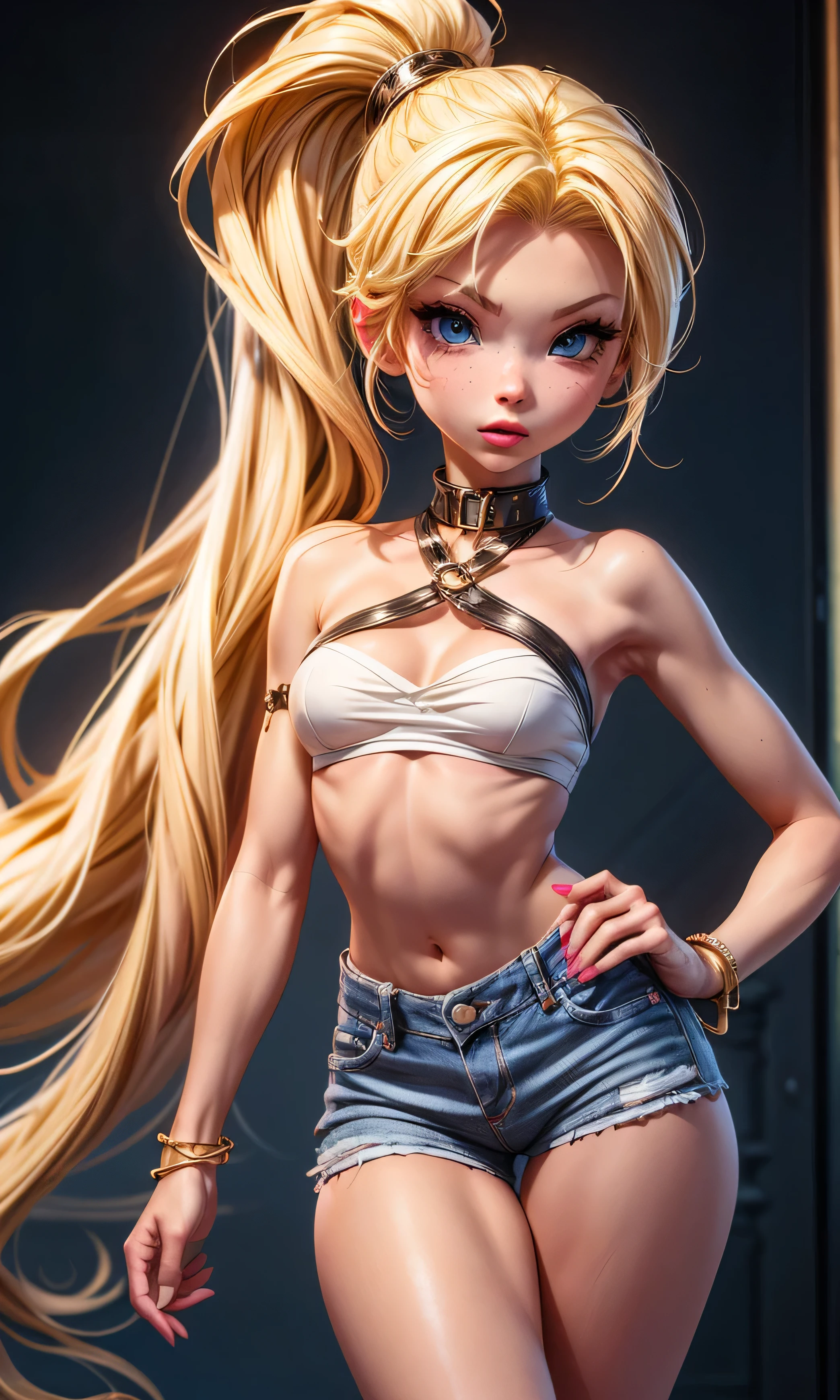  masterpiece, high detail, 1 girl, adolescent, Barbie Sins , beautiful, blonde,  blue eyes ,  long hair, slim,  full body,  flat chest , nice legs, top blanco, short jean rojo, sexy,