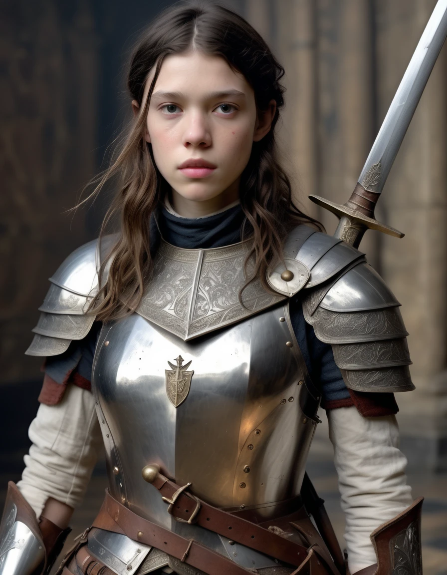 one girl, Beautiful girl, redhead ponytail girl, A girl standing in leather armor, Desert background, A female knight is standing, Beautiful girl with a spear in her hand, hair moving in the wind, photorealism, sharp focus, Realistic facial skin, heavy atmosphere, beautiful face, perfect face, erotic face, Medieval knight, 14 year oldgirl, hazel eyes natalie portman, full body photo, Beautiful girl wearing leather sandals, Beautiful girl raw photo, full body, hyper quality, highly detailed, Unreal Engine, Octane Render, Realistic, Photorealism, 16k, 4k, Cinematic,