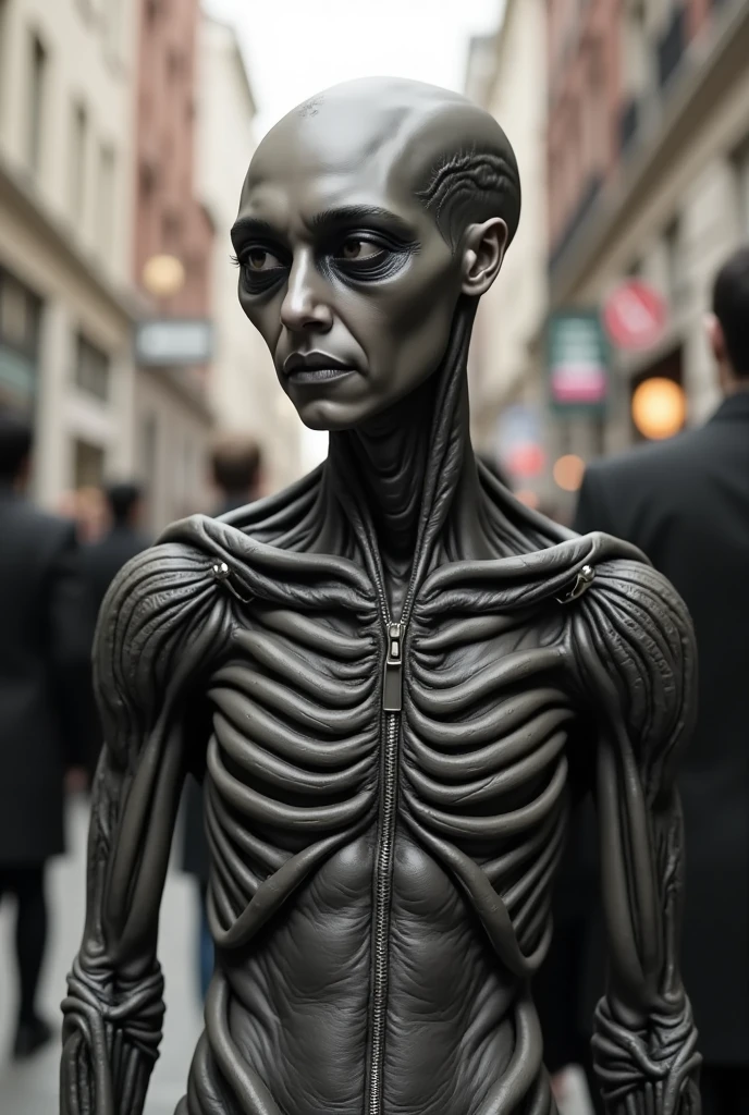  an alien disguised as a human ,  wearing their skin like clothing , Are among us ,  looks like a man but is a hyper-detailed alien,  realistic aliens ,  perfect human with a zip closure disguise 