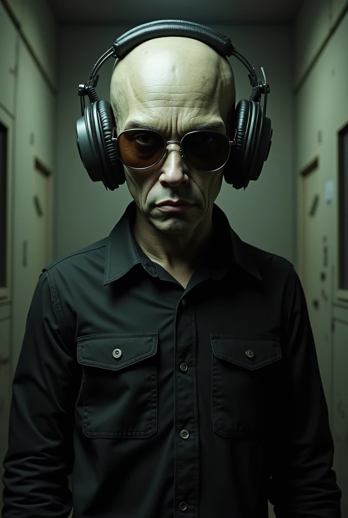  Rude realistic-looking alien , no nose,  with sunglasses and announcer headphones and a black shirt,  in front of a creepy radio booth , ready to broadcast 