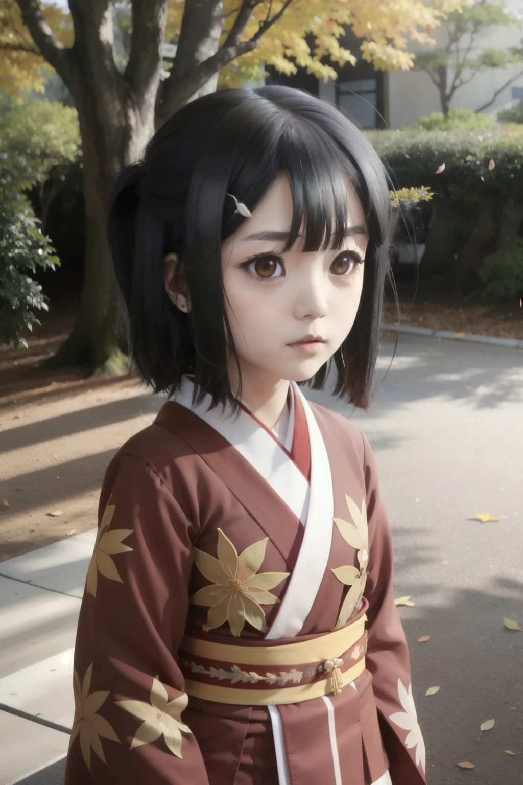 cute primary school girl wearing traditional japanese red kimono inside a magical forest, dark hair and yellow eyes, looking at viewer with an innocent and disoriented gaze, nicely done hair, sunset, under a canopy of a tree, long white pink hair and bright yellow eyes, slightly shy, flat chest, falling sakura leaves