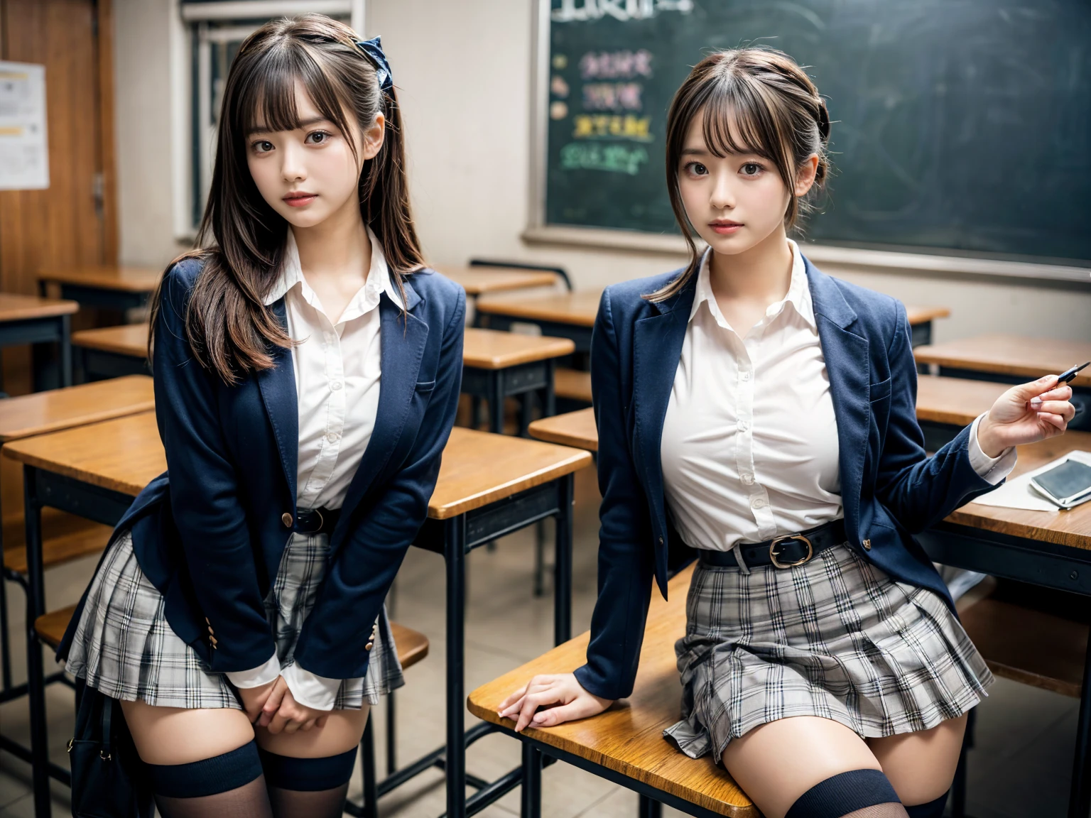 masterpiece, High resolution, Portraiture, highest quality, High resolution,
Realistic, alone, school blazer uniform, School classroom during the day,Smiling and showing beautiful teeth,(Braid),No exposure、((Bulging breasts in the middle of growth))、((Very young face))、((Small woman))、((A blazer uniform that reveals the shape of the breasts))、Beautiful legs、(whole body)、(Color)、((Long pleated skirt))、Glasses、Busaic face