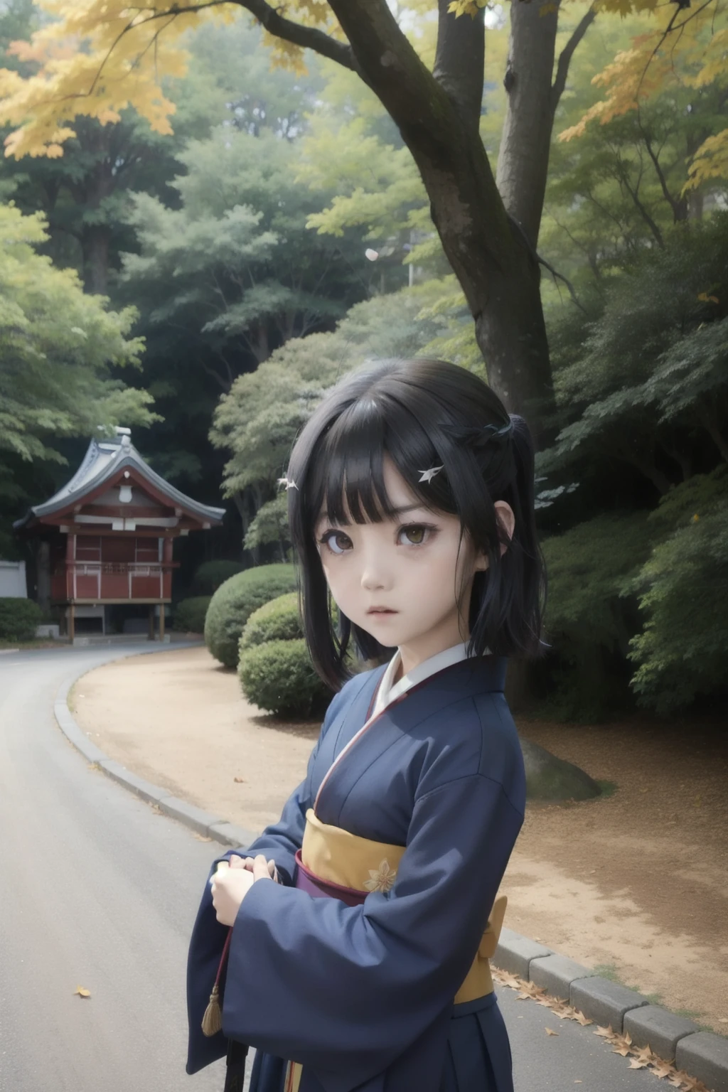 cute primary school girl wearing traditional japanese dark blue kimono inside a magical forest, dark hair and yellow eyes, looking at viewer with an innocent and disoriented gaze, nicely done hair, sunset, under a canopy of a tree, long white pink hair and bright yellow eyes, slightly shy, flat chest, falling sakura leaves