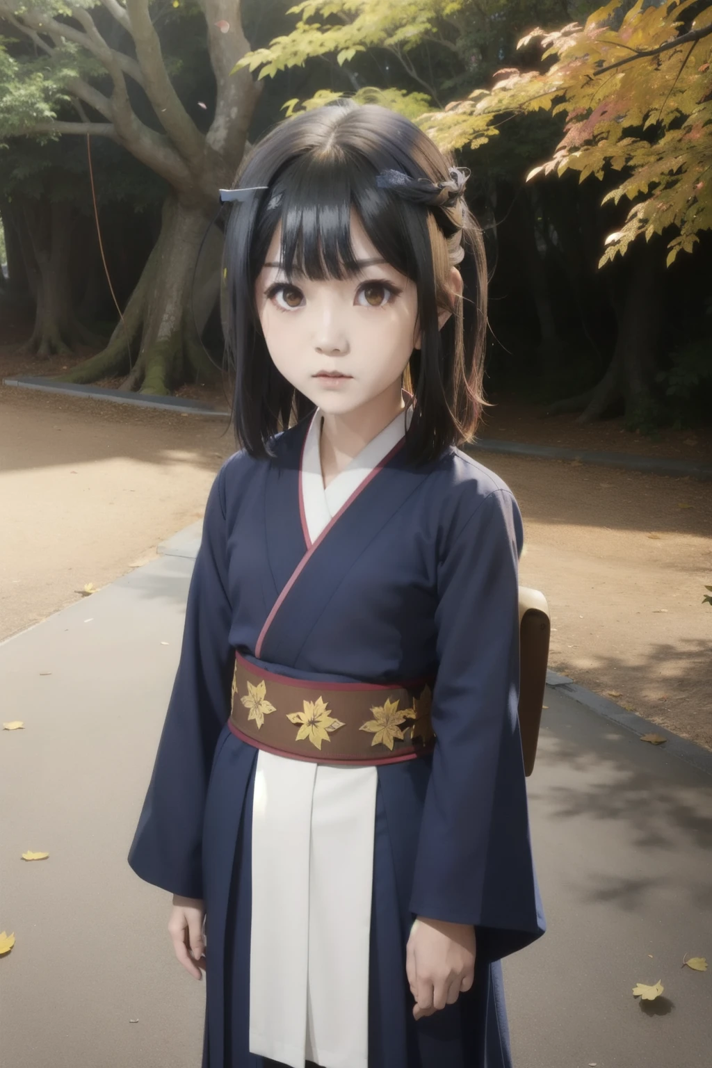 cute primary school girl wearing traditional japanese dark blue kimono inside a magical forest, dark hair and yellow eyes, looking at viewer with an innocent and disoriented gaze, nicely done hair, sunset, under a canopy of a tree, long white pink hair and bright yellow eyes, slightly shy, flat chest, falling sakura leaves