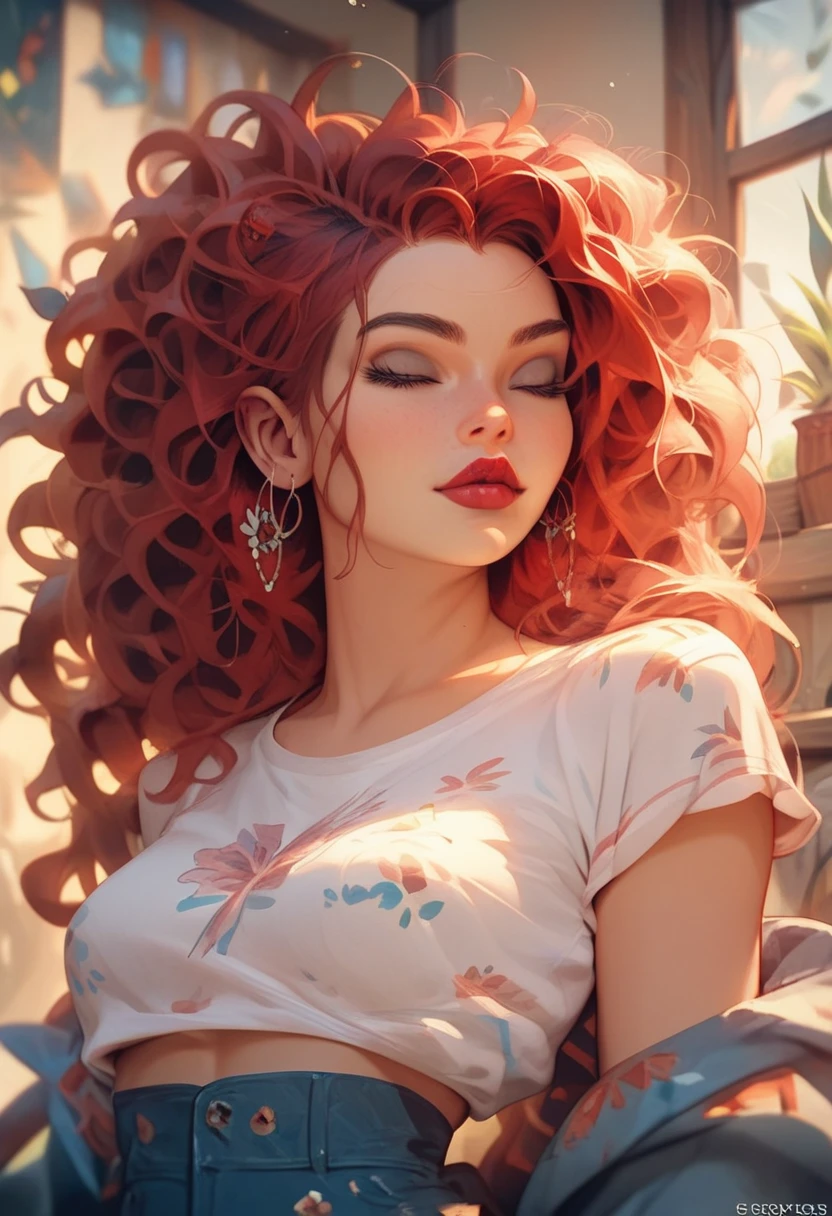 (masterpiece), best quality, closed eyes, perfect face ,beautiful girl  , peacefully sleeping ,  messy hairs , medium breast , big red lips , slender waist ,