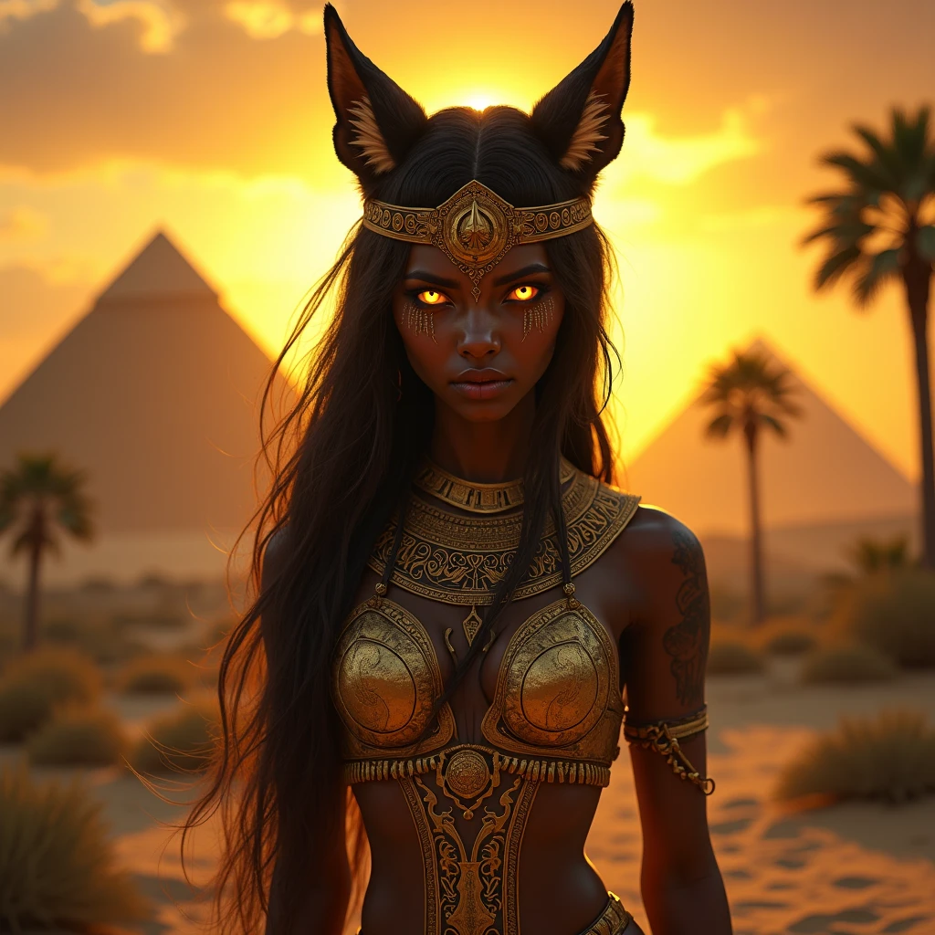 In a celestial palace of shimmering opalescence, Egyptian deity Anubis descends from interstellar realms, jackal face, black skin,  enveloped in cosmic hues and adorned with nebulous stardust, bestowing ethereal guidance amidst a cascading aurora of divinity.