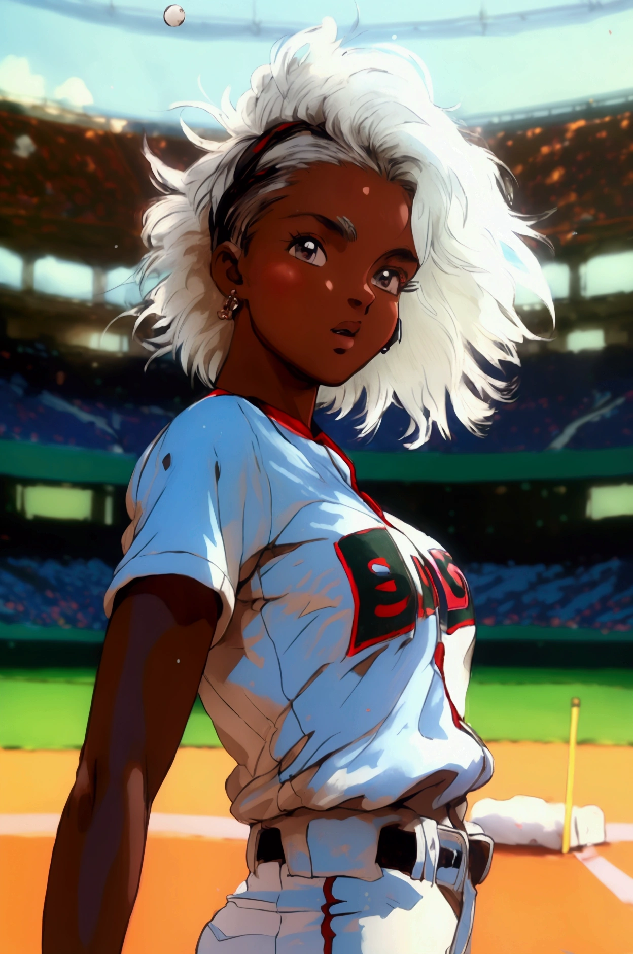 (( masterpiece ,  top quality,  High resolution,  Highly detailed 8K CG unified wallpaper)), Dark-skin African baseball player in action to throw ball, Ebony girl,  abundant white hair ,  thick legs ,  small breasts, baseball uniform . stadium background,  there is dust from the movement .