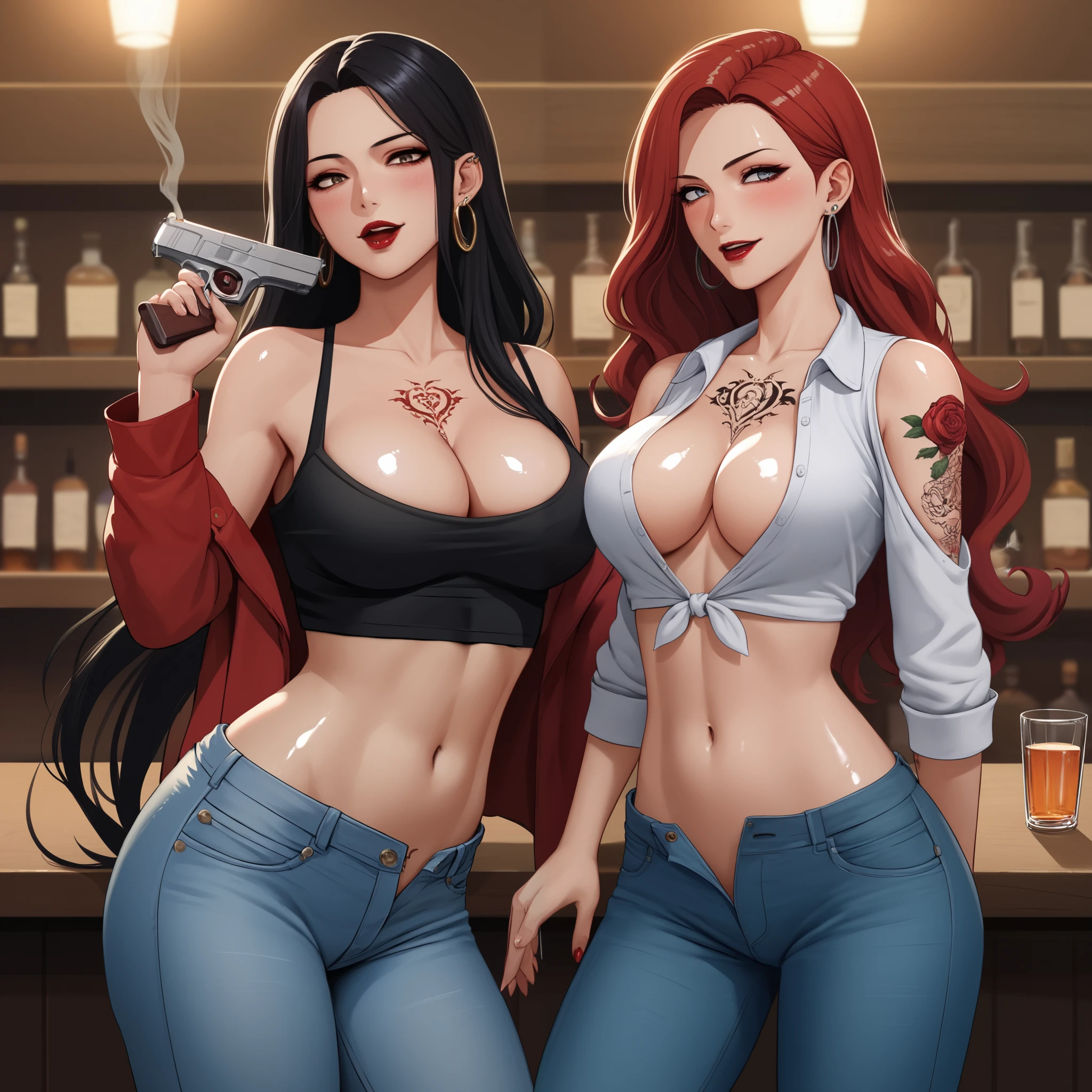 2girl, two girls, female, , long hair, anime girl,, tattoo,  long hair, earrings, red lips, large breasts, ear piercing, long hair, anime girl,ecchi anime style, anime girls ,digital anime art!!, , anime style 4k, long hair, earrings, red lips, large breasts, ear piercing, long hair, blush, lipstick,Hot girl, baddie, smoking, sensual, attractive , bar background, inside bar,indoors, masterpiece,high quality,4k, bare
shoulder,belly,crop top,holding pistol,cleavage, unbuttoned shirt,shirt, knot, indoor,smile, open
mouth, (nsfw) not safe for work, evil expression, exposed belly, exposed navel, exposed midriff,
exposed lower belly, crop top overhang, underboob,jacket, unbuttoned jeans , low rise black jeans,
Low rise jeans, Low rise jeans with open fly,,, tattoo on body, flower tattoo, dragon tattoo, belly tattoo, , shiny skin,