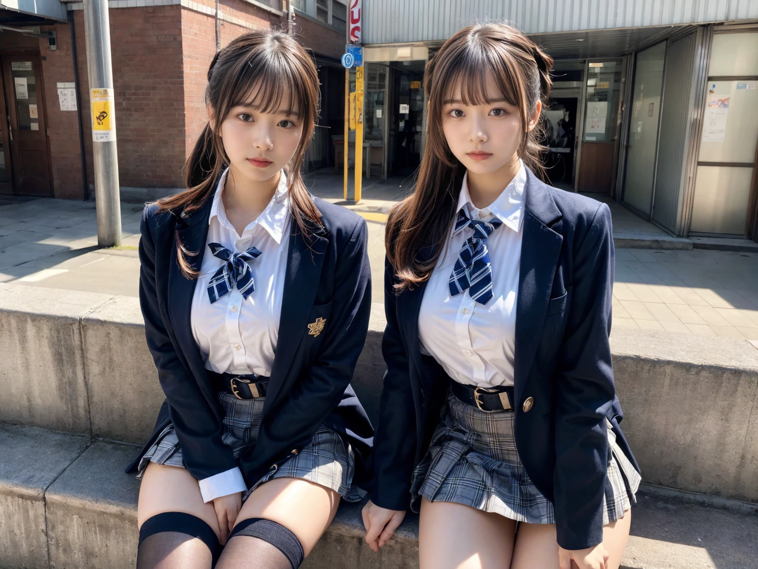 masterpiece, best quality, illustration, Super detailed, fine details, High resolution, 8K,wall paper, perfect dynamic composition,(Details High quality, realistic depiction of eyes:1.3), (2 girls, 2 schoolgirls:1.2), from side, High School Classroom、High school girl uniform、blazer 、Super Short Check Uniform Skirt、Navy blue high socks、garterbelts、Colossal tits、Disturbed uniform,  short bob hair, black hair color, huge breasts, Big Natural Color Lip, bold sexy pose, (perfect body shape), crying a little、 Harajuku style、20 year old girl、 beautiful legs, hposing Gravure Idol, Voluptuous thighs