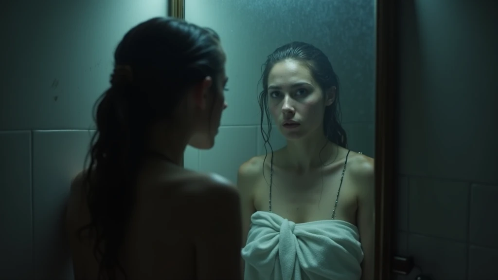 Sharp focus, of a darkened bathroom, long hair, dark haired frightened woman, wearing a towel and pointing at a mirror in 4k realistic photography