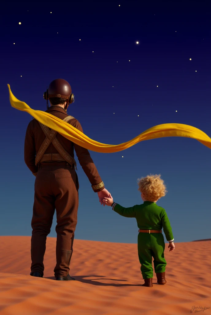 A breathtaking fantastic illustration of a vintage-inspired movie poster with the iconic St-Exupery's small Little Prince with blond hair in the wind standing, view from back, set against a majestic desert landscape at dusk, donning a vibrant yellow scarf that flows effortlessly in the wind, a gold belt cinched at his waist, and a stylish green suit that complements the sandy dunes. Side by side he grasps and holds the hand of a daring man aviator from the 1940s, also standing, seen from back, gazing out at the horizon, clad in a worn brown black leather suit, adorned with the same yellow scarf as the little prince that billows in the wind, and a vintage brown leather helmet and goggles that adds a touch of nostalgia. The starry dark blue violet sky twinkles above, with several stars scattered across the canvas, as the warm hues of the desert sand in backlight sunset evoke a sense of wonder and adventure, all rendered in exquisite, ultra-high-resolution detailled drawing.