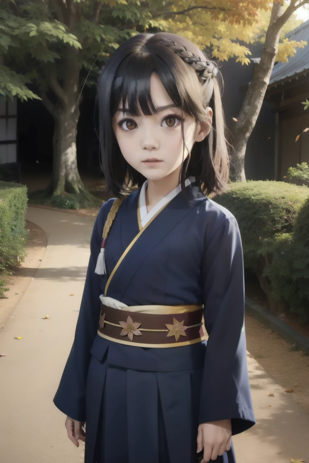 cute primary school girl wearing traditional japanese dark blue kimono inside a magical forest, dark hair and yellow eyes, looking at viewer with an innocent and disoriented gaze, nicely done hair, sunset, under a canopy of a tree, dark hair, smart look, slightly shy, flat chest, falling sakura leaves