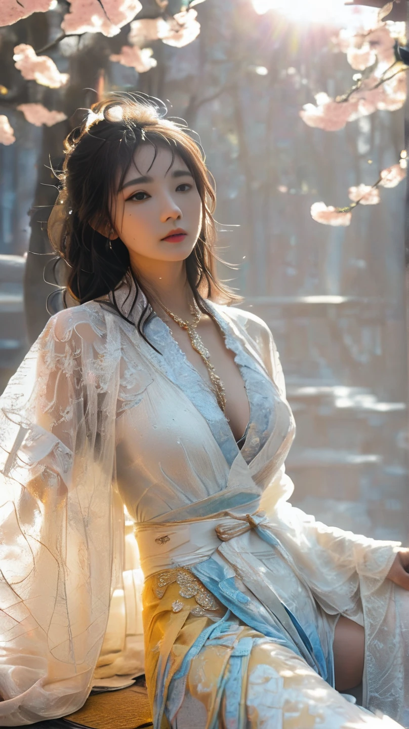 (RAW Photo, Best Quality), (Realistic, Photo Realistic: 1.3), Extremely Refined and Beautiful, Amazing, Fine Detail, Masterpiece, Ultra Detail, High Resolution, (Best Illustration), (Best Shadow), Intricate,
A beautiful female Taoist priest dressed in a white see-through robe and in a bun sits on the eaves of the Taoist temple, overlooking the monks meditating below. In the distance there are pavilions, towers and distant mountains, decorated with floating clouds, (dragon in the background: 1.3), sunset, storm,
Clear focus, volumetric fog, 8k UHD, DSLR, high quality, (film grain: 1.4), Fujifilm XT3,(seethru)