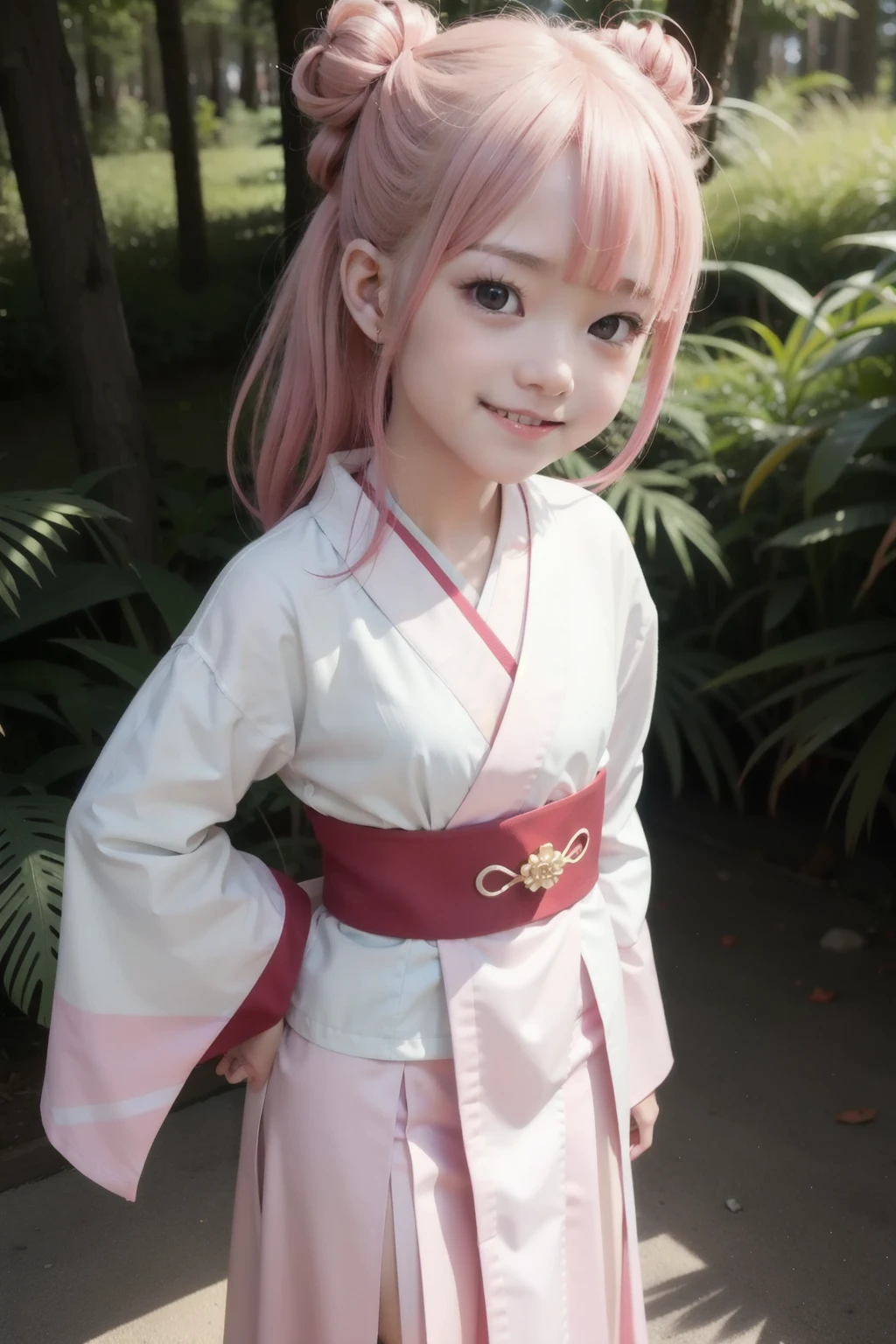 cute primary school girl with glowing bright yellow eyes wearing traditional japanese red kimono inside a magical forest, long light pink hair tied in a bun at the back, looking at viewer with a cockly grin, aggressive smug wide grin, determined look, nicely done hair, sunset, mischievious grin, cocky look, slightly seductive, dark skin, petite, flat chest, adorable