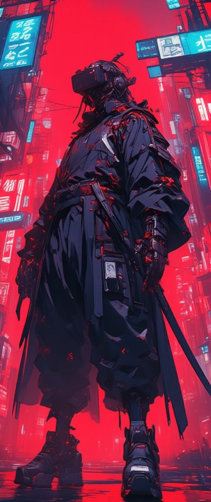 stunning nijij style  samurai vampire hunter in street wear, dynamic full action pose, futuristic neon gothic cyber city,city, Cinematic shot, bdsm Surgical precision],Cyberpunk style background,Science fiction art style,muted dark colors with red neon lights,High-res,Ultra-detailed,Realistic lighting effects,Bokeh, wearing black in the style of anime niji cyberpunk an Exo from Destiny,,surrounded by hologram screens and signs floating in the ambient and blooting the intricate baroque hi-tech vr headset , impressive, atmospheric view, dense ambient, dark, dirty, hologram illusions, stunning visuals fx, cinematographic, pulp film photo masterpiece, unbeatable best quality, excessively realistic textures, in a stunning superior 12k resolution,min neon lit signs, he is tesval robotical