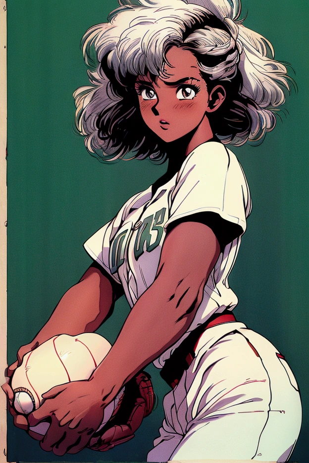 (( masterpiece ,  top quality,  High resolution,  Highly detailed 8K CG unified wallpaper)), Dark-skin African baseball player in action to throw ball, Ebony girl,  abundant white hair ,  thick legs ,  small breasts, baseball uniform . stadium background,  there is dust from the movement .