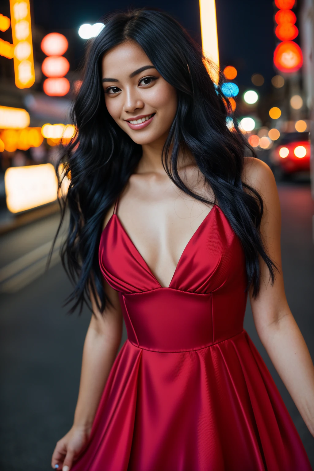 Half-length glamour portrait, nikon D850, f1.6 lens, 200mm, DSLR, 22 Megapixels, (((Rooftop terrace at night scene))), shot of a stunning 19 years old korean girl, (smile:1.4), (wearing Bright red sequin sheath dress:1.6), ((seductive pose)), hot girl, (((big natural breasts))), (((black fringe hair))), (small girl), symmetrical face, photorealistic, photography, (bright natural lighting), gorgeous, deep cleavage, (masterpiece), best quality, high resolution, extremely detailed, cinematic lighting, (((very narrow waist))), rich colors, hyper realistic, lifelike texture, ((jewelry)), (((She has beautiful hands and wears rings))), (bracelet), (necklace), (ankle chain), (nail polish) (earrings), Fuji Superia 200, 8k
