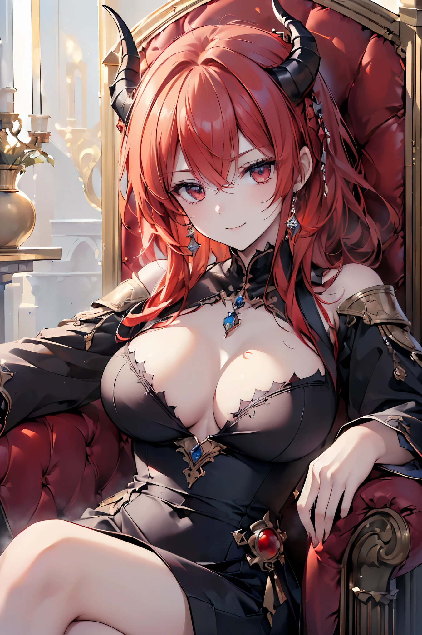 (((Best quality, 8k, Masterpiece: 1.3)), ((best quality)), ((masterpiece)), (detailed), perfect face, perfect body, (detailed skin:1.3), (intricate details), red hair, expressive hair, messy hair, demon horns, dragon horns, raised eyebrows, evil smile, demon queen, royal, throne, inferno