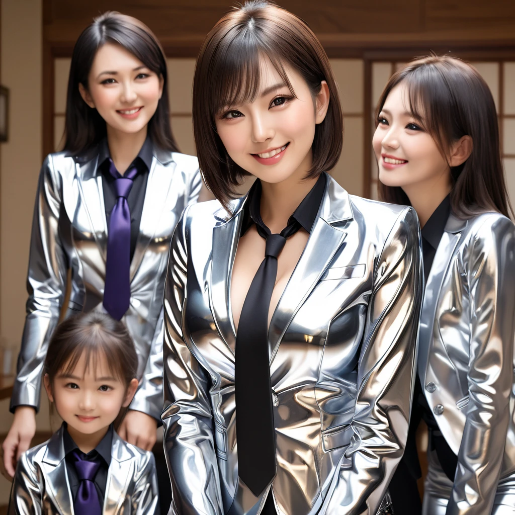 Japanese 2 moms and  daughter in extremely tight shiny silver latex blouse buttoned with blazer, Necktie, high resolution ,  masterpiece, Breasts, smile, Lens reflection, Reflected light,