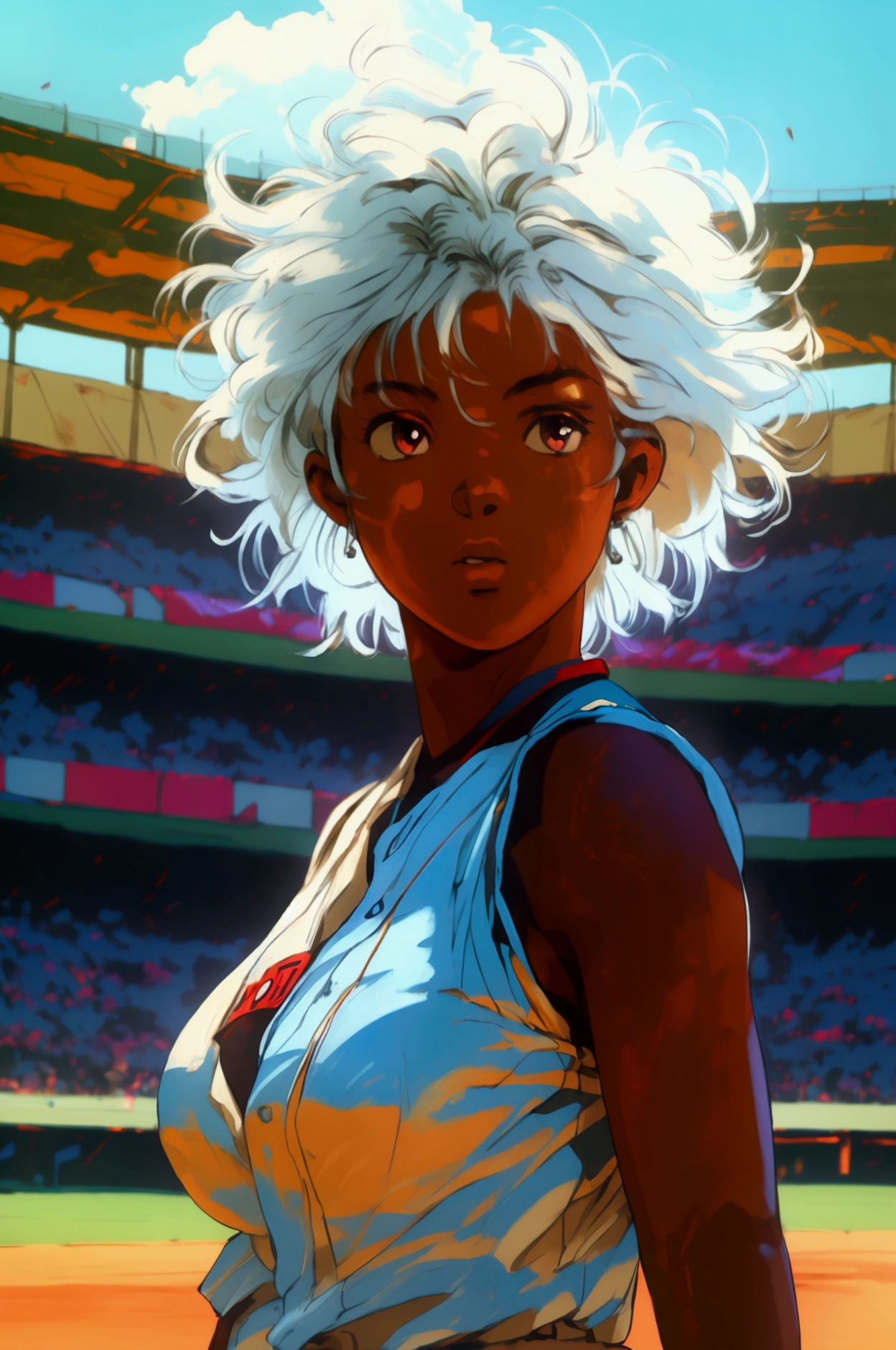 (( masterpiece ,  top quality,  High resolution,  Highly detailed 8K CG unified wallpaper)), Dark-skin African baseball player in action to throw ball, Ebony girl,  abundant white hair ,  thick legs ,  small breasts, baseball uniform . stadium background,  there is dust from the movement .