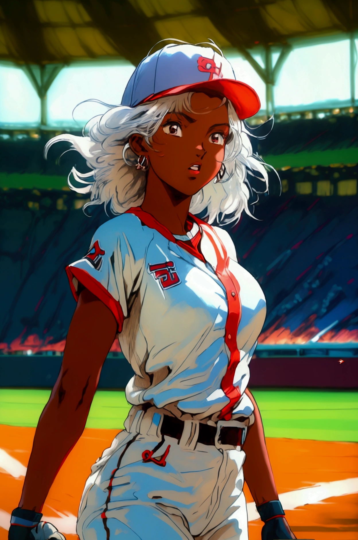 (( masterpiece ,  top quality,  High resolution,  Highly detailed 8K CG unified wallpaper)), Dark-skin African baseball player in action to throw ball, Ebony girl,  abundant white hair ,  thick legs ,  small breasts, baseball uniform . stadium background,  there is dust from the movement .