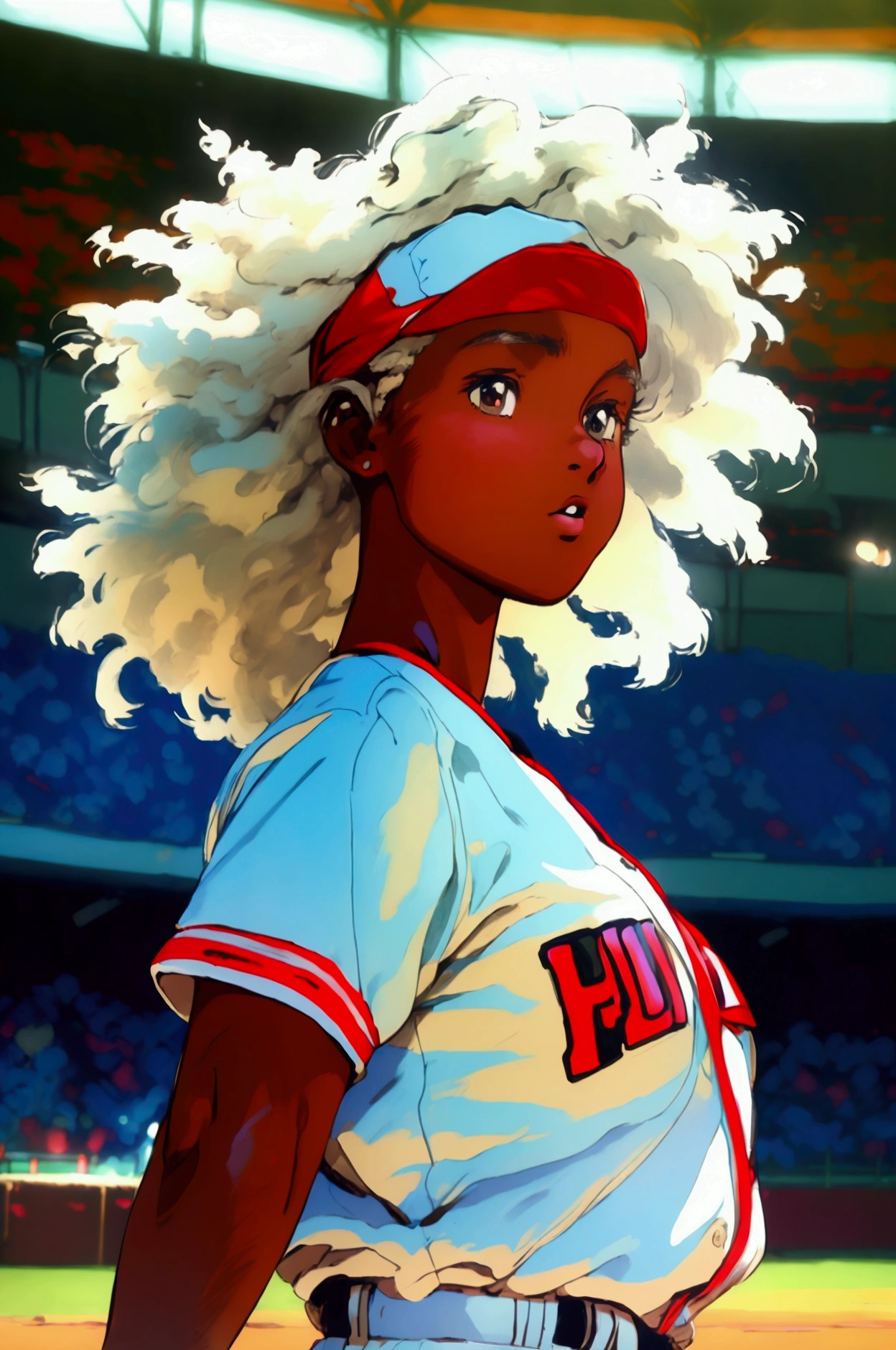 (( masterpiece ,  top quality,  High resolution,  Highly detailed 8K CG unified wallpaper)), Dark-skin African baseball player in action to throw ball, Ebony girl,  abundant white hair ,  thick legs ,  small breasts, baseball uniform . stadium background,  there is dust from the movement .